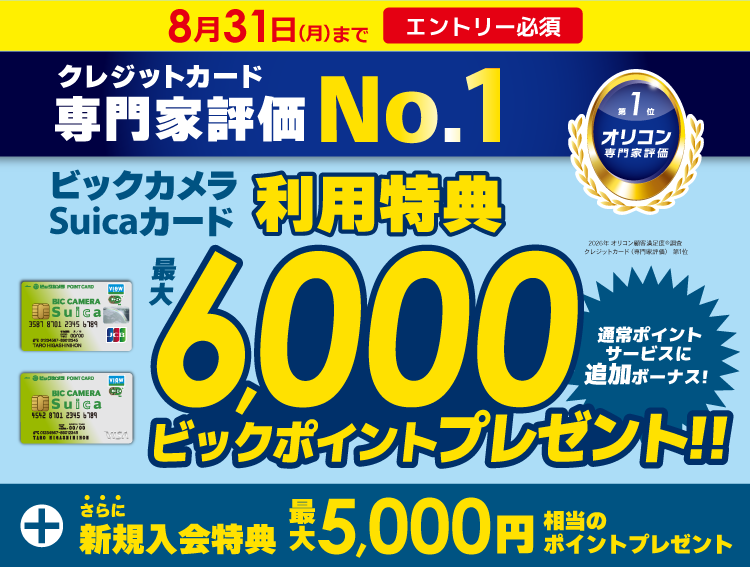 8月31日まで ビックカメラ suicaカードご利用特典 最大6,000ビックポイントプレゼント！